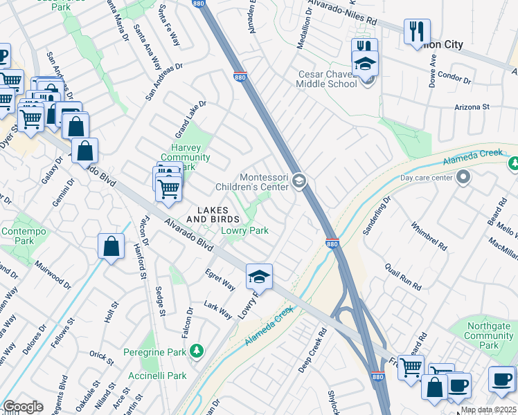 map of restaurants, bars, coffee shops, grocery stores, and more near 33103 Lake Garrison Street in Fremont