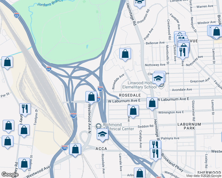 map of restaurants, bars, coffee shops, grocery stores, and more near 1900 Avondale Avenue in Richmond