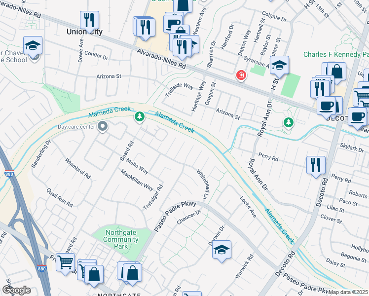 map of restaurants, bars, coffee shops, grocery stores, and more near 2831 Arlington Place in Fremont