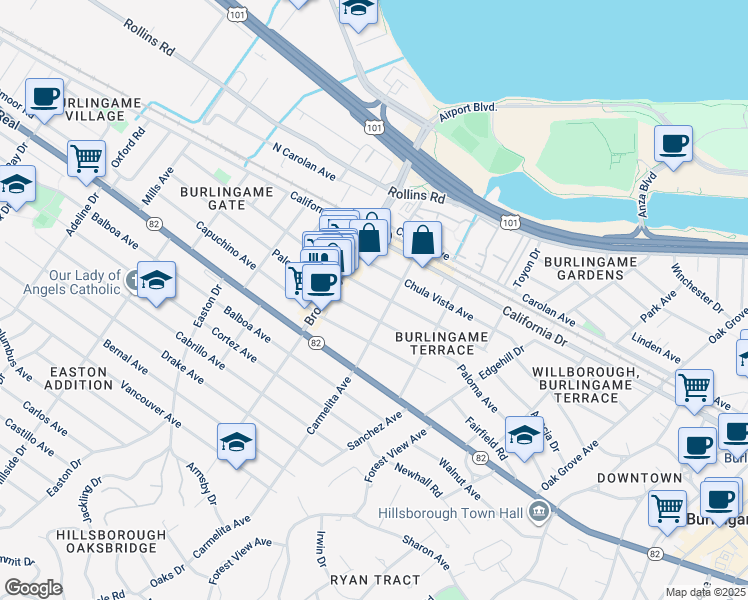 map of restaurants, bars, coffee shops, grocery stores, and more near 1111 Laguna Avenue in Burlingame