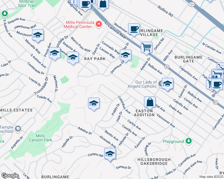 map of restaurants, bars, coffee shops, grocery stores, and more near 1528 Columbus Avenue in Burlingame