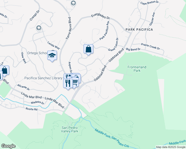 map of restaurants, bars, coffee shops, grocery stores, and more near 22 Tioga Way in Pacifica