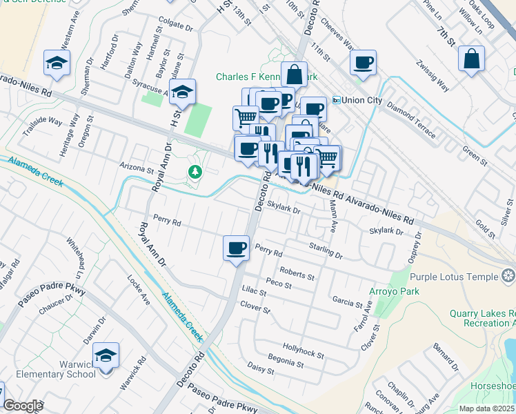 map of restaurants, bars, coffee shops, grocery stores, and more near 2261 Decoto Road in Union City