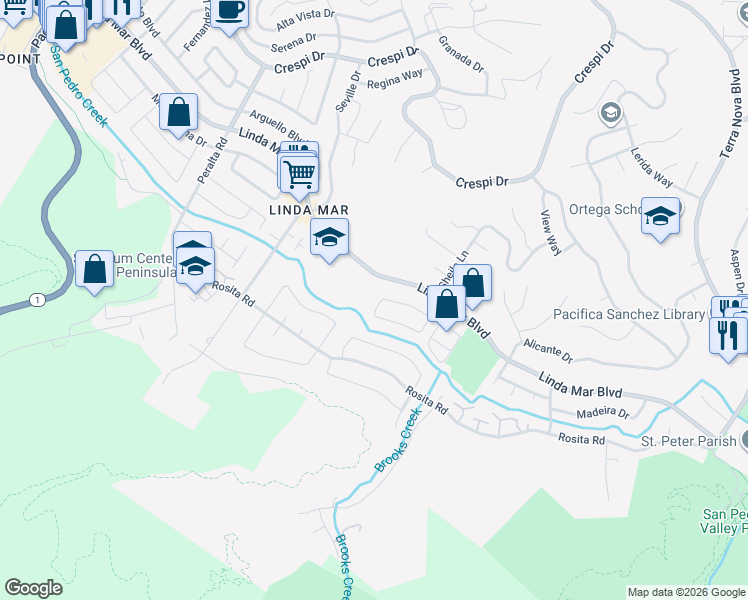 map of restaurants, bars, coffee shops, grocery stores, and more near 1422 Serra Drive in Pacifica