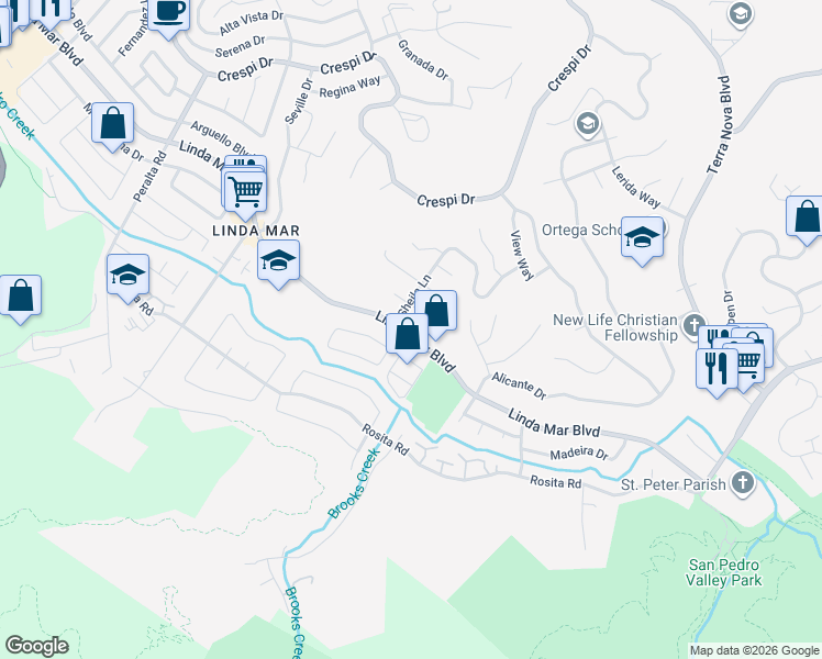 map of restaurants, bars, coffee shops, grocery stores, and more near 1203 Linda Mar Boulevard in Pacifica