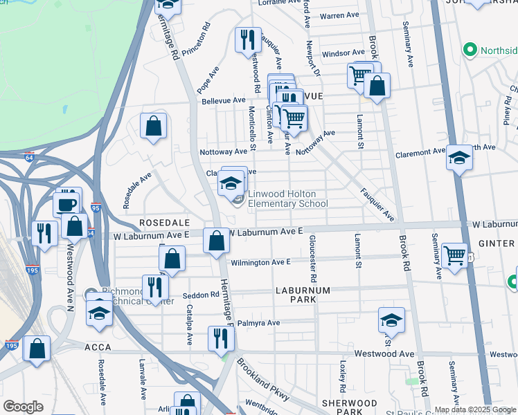 map of restaurants, bars, coffee shops, grocery stores, and more near 1520 Avondale Avenue in Richmond