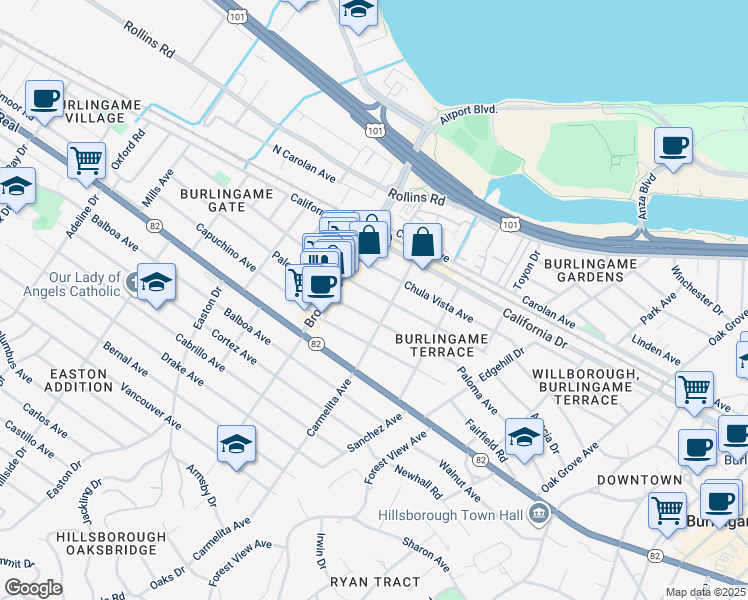 map of restaurants, bars, coffee shops, grocery stores, and more near 1111 Laguna Avenue in Burlingame