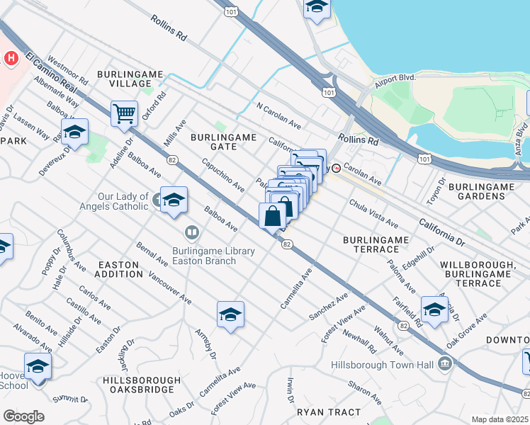 map of restaurants, bars, coffee shops, grocery stores, and more near 1229 Capuchino Avenue in Burlingame