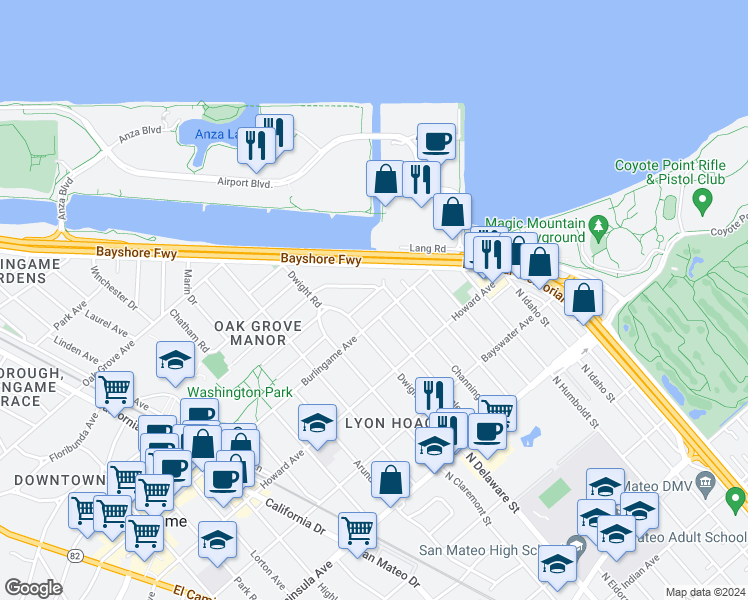 map of restaurants, bars, coffee shops, grocery stores, and more near 315 Concord Way in Burlingame