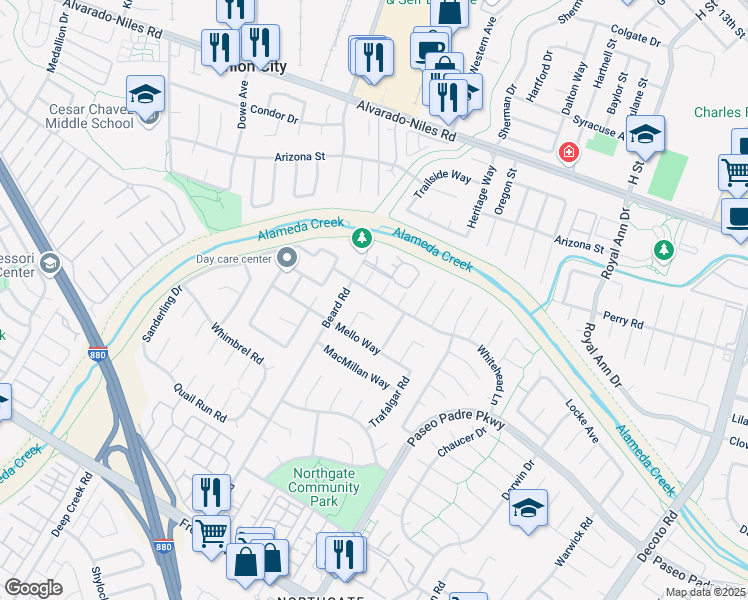 map of restaurants, bars, coffee shops, grocery stores, and more near 33795 Whitehead Lane in Fremont