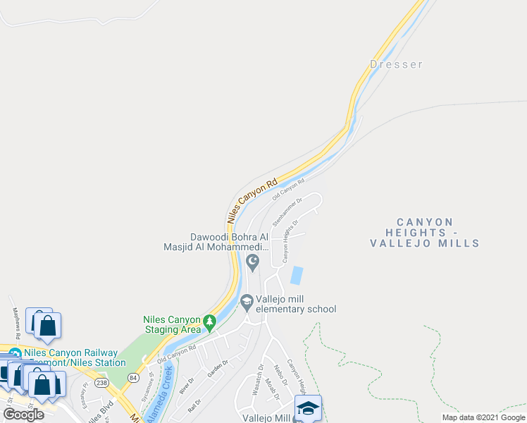map of restaurants, bars, coffee shops, grocery stores, and more near 1318 Old Canyon Road in Fremont