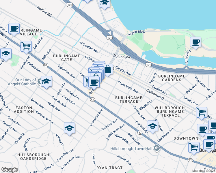 map of restaurants, bars, coffee shops, grocery stores, and more near 1215 Broadway in Burlingame