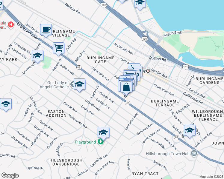 map of restaurants, bars, coffee shops, grocery stores, and more near 1246 California 82 in Burlingame