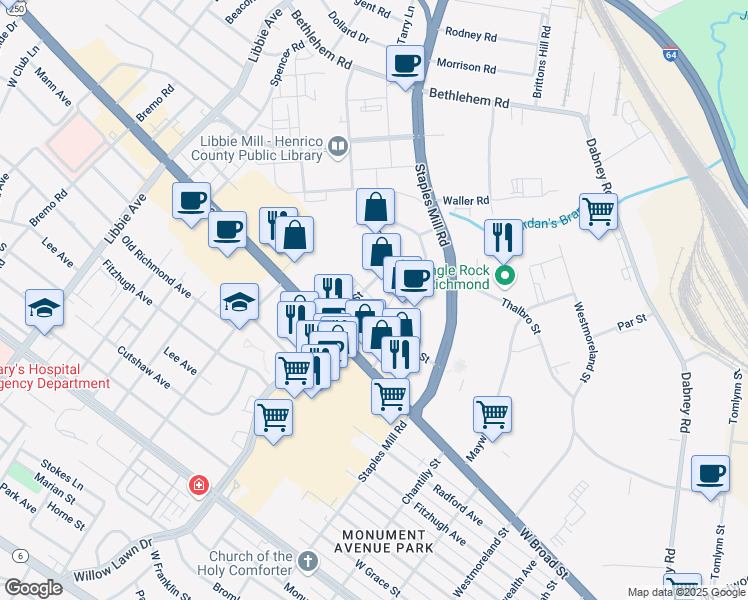 map of restaurants, bars, coffee shops, grocery stores, and more near 4901 West Leigh Street in Richmond