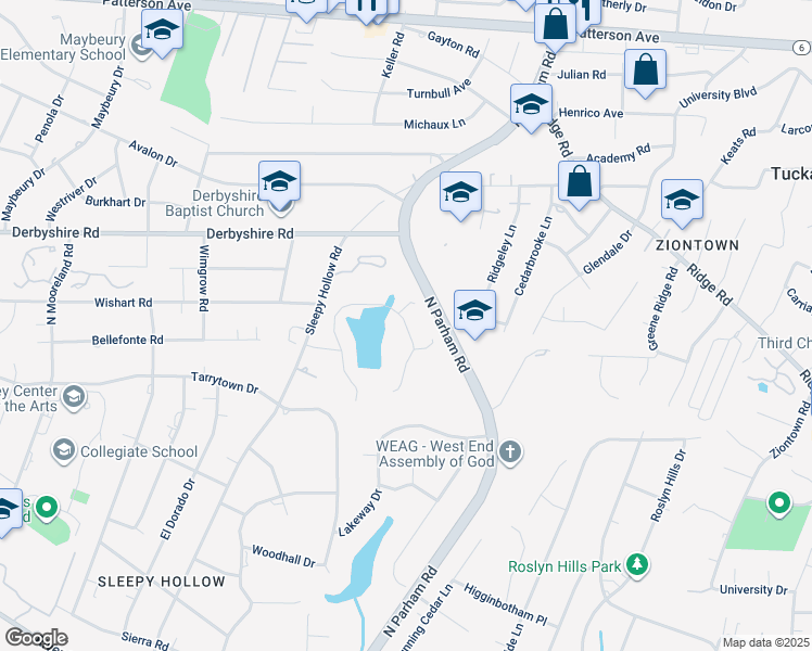 map of restaurants, bars, coffee shops, grocery stores, and more near 529 Raleigh Manor Road in Henrico