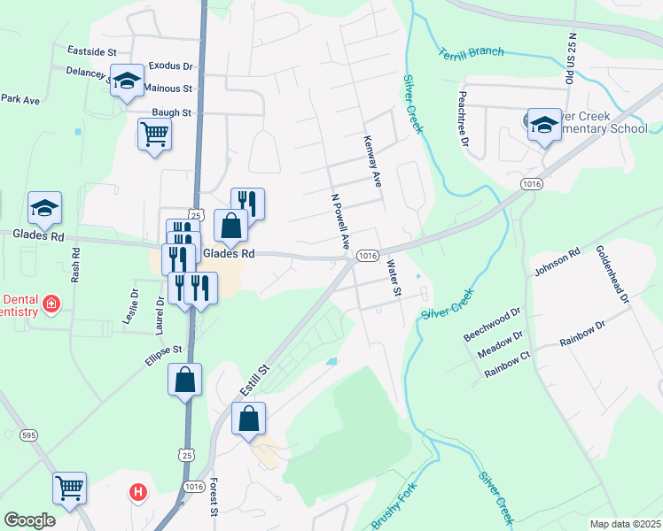 map of restaurants, bars, coffee shops, grocery stores, and more near 516 Glades Road in Berea