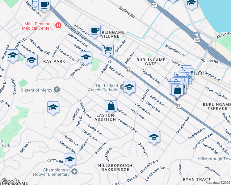 map of restaurants, bars, coffee shops, grocery stores, and more near 1405 Cabrillo Avenue in Burlingame