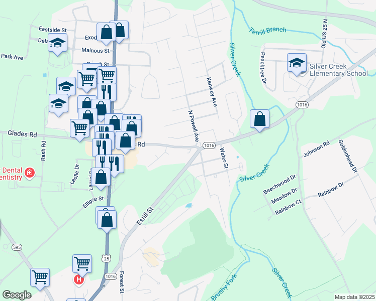 map of restaurants, bars, coffee shops, grocery stores, and more near 516 Glades Road in Berea
