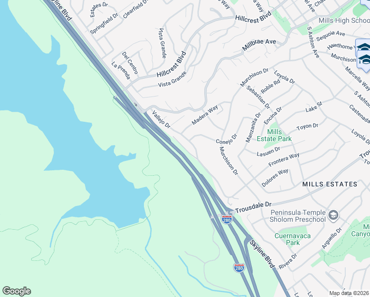 map of restaurants, bars, coffee shops, grocery stores, and more near 245 Vallejo Court in Millbrae