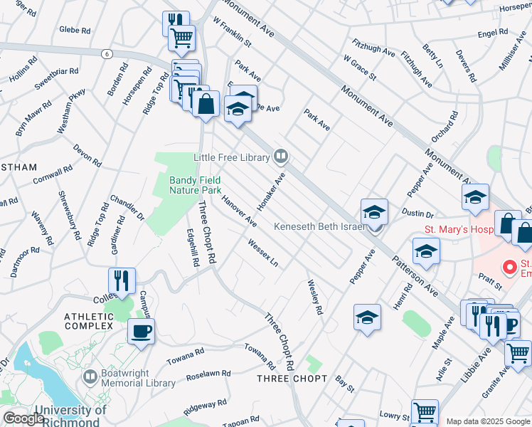 map of restaurants, bars, coffee shops, grocery stores, and more near 6533 Stuart Avenue in Richmond
