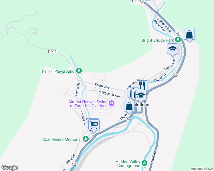map of restaurants, bars, coffee shops, grocery stores, and more near 618 Rinehart Avenue in Mullens