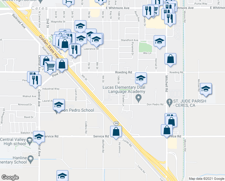 map of restaurants, bars, coffee shops, grocery stores, and more near 107 Holly Circle in Ceres