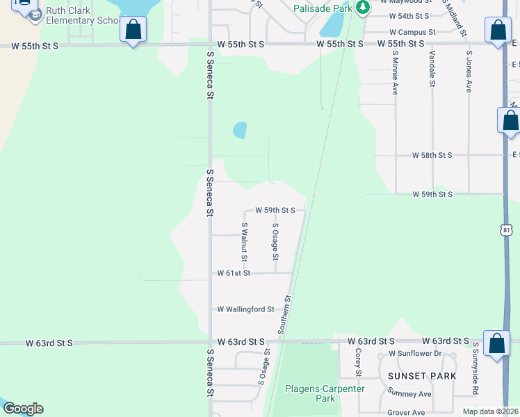 map of restaurants, bars, coffee shops, grocery stores, and more near 800 W 59th Street South in Wichita