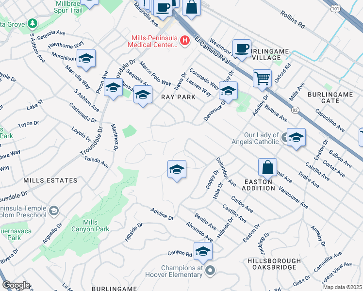 map of restaurants, bars, coffee shops, grocery stores, and more near 1596 Columbus Avenue in Burlingame