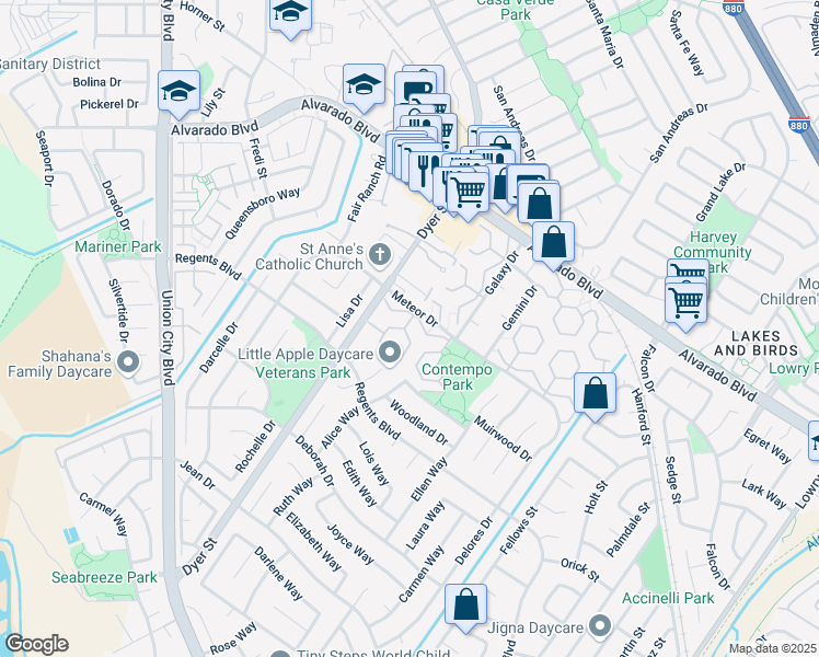 map of restaurants, bars, coffee shops, grocery stores, and more near 4396 Planet Circle in Union City