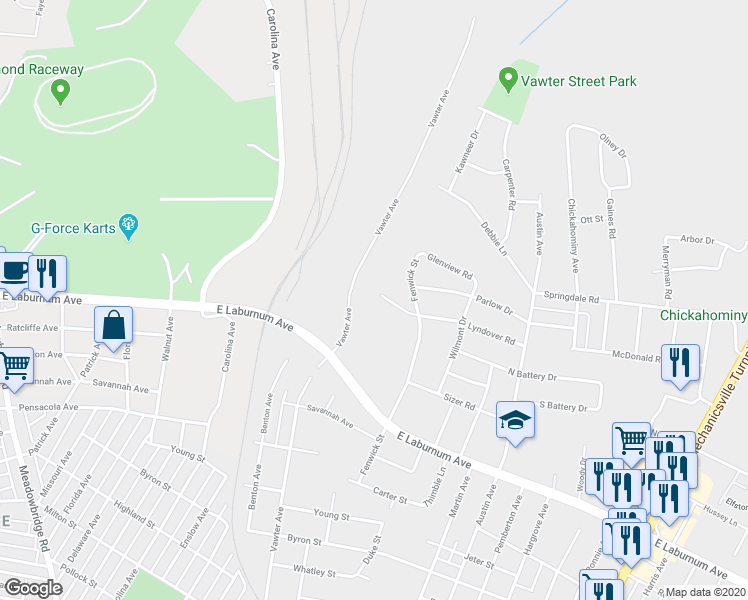 map of restaurants, bars, coffee shops, grocery stores, and more near 1601 Lyndover Road in Richmond