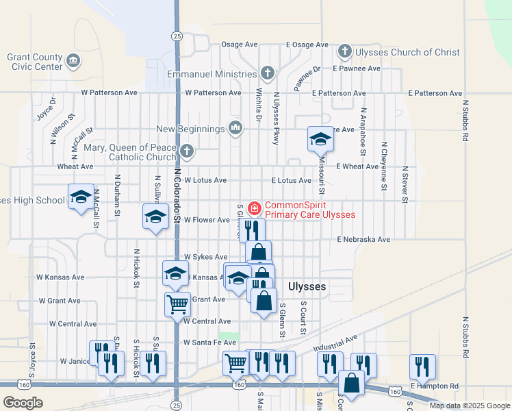 map of restaurants, bars, coffee shops, grocery stores, and more near 517 North Main Street in Ulysses