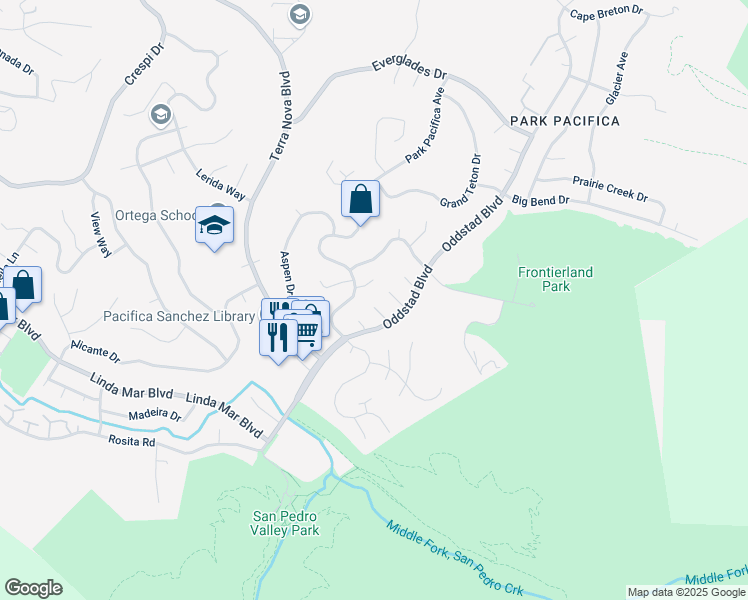 map of restaurants, bars, coffee shops, grocery stores, and more near 22 Tioga Way in Pacifica