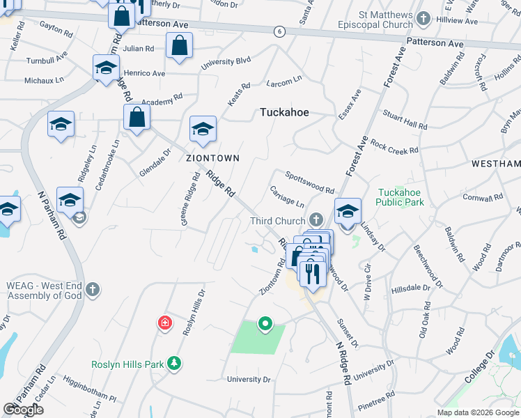 map of restaurants, bars, coffee shops, grocery stores, and more near 8226 Ridge Road in Richmond
