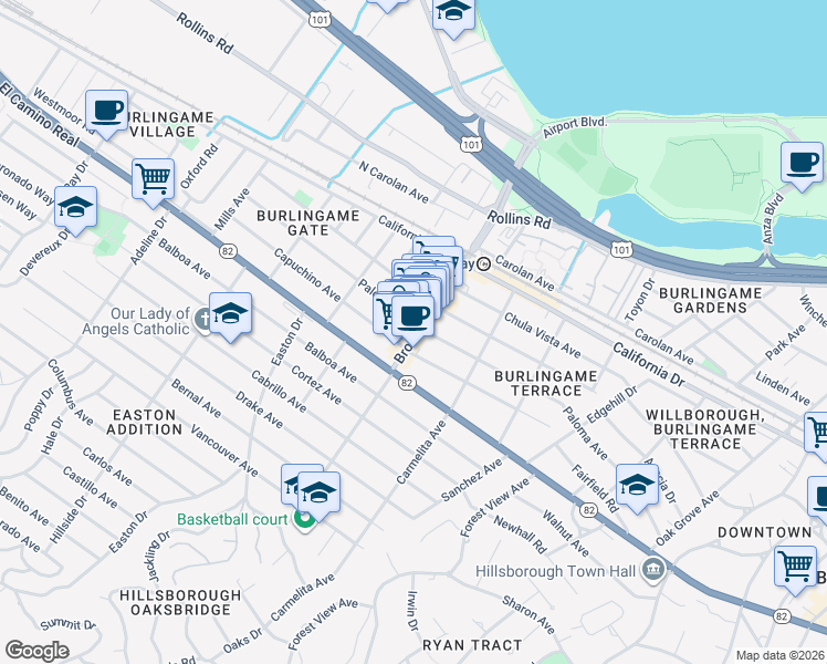 map of restaurants, bars, coffee shops, grocery stores, and more near 1308 Broadway in Burlingame