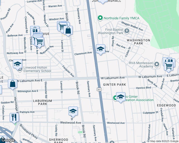 map of restaurants, bars, coffee shops, grocery stores, and more near 3805 Seminary Avenue in Richmond
