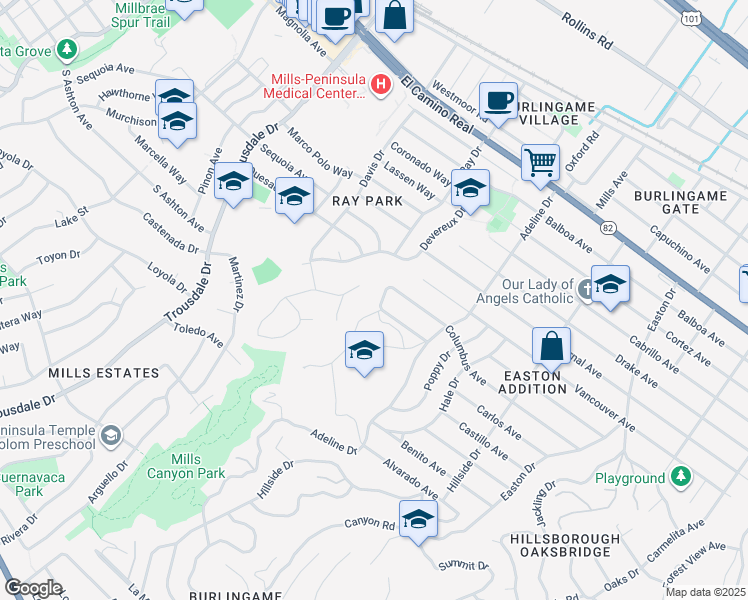 map of restaurants, bars, coffee shops, grocery stores, and more near 1596 Columbus Avenue in Burlingame