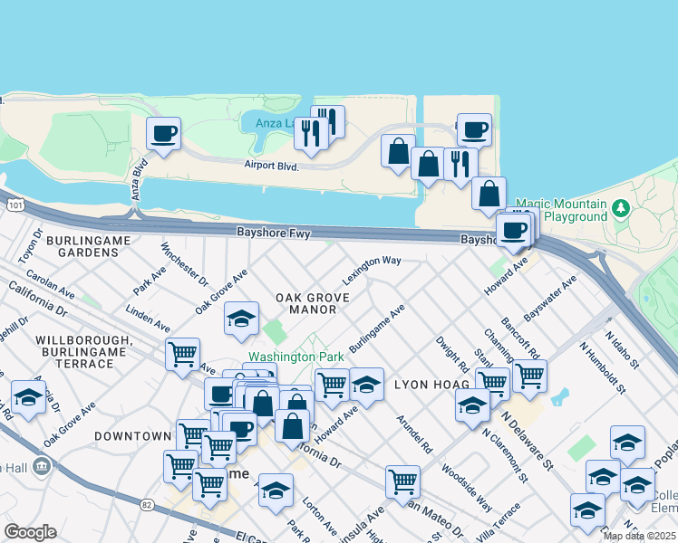 map of restaurants, bars, coffee shops, grocery stores, and more near in Burlingame