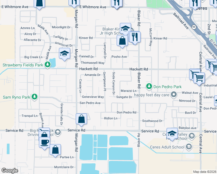 map of restaurants, bars, coffee shops, grocery stores, and more near 1501 Zena Way in Ceres