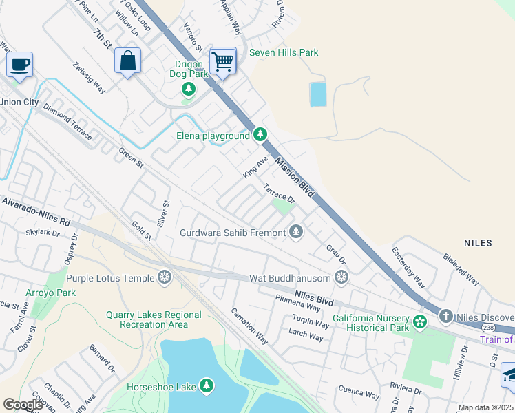 map of restaurants, bars, coffee shops, grocery stores, and more near 348 Rivercreek Drive in Fremont