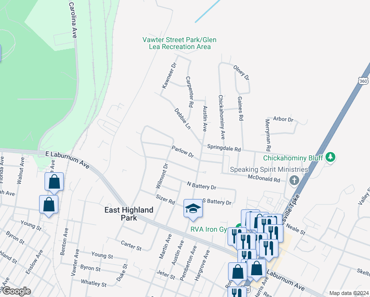 map of restaurants, bars, coffee shops, grocery stores, and more near 1806 Parlow Drive in Richmond