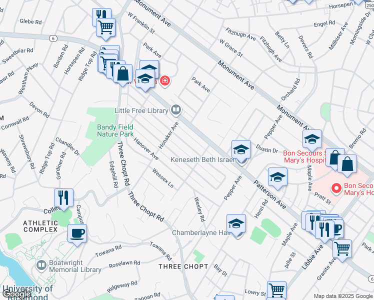 map of restaurants, bars, coffee shops, grocery stores, and more near 6515 Kensington Avenue in Richmond