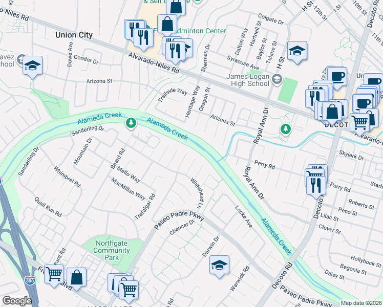 map of restaurants, bars, coffee shops, grocery stores, and more near 2810 Langhorn Drive in Fremont
