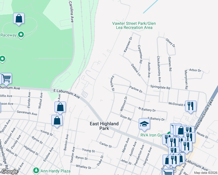 map of restaurants, bars, coffee shops, grocery stores, and more near 1606 Lyndover Road in Richmond