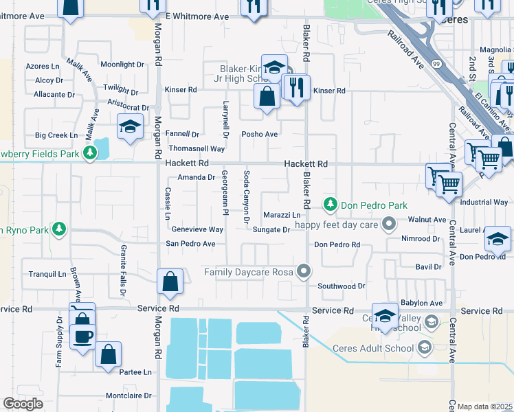 map of restaurants, bars, coffee shops, grocery stores, and more near 3509 Havenwood Way in Ceres