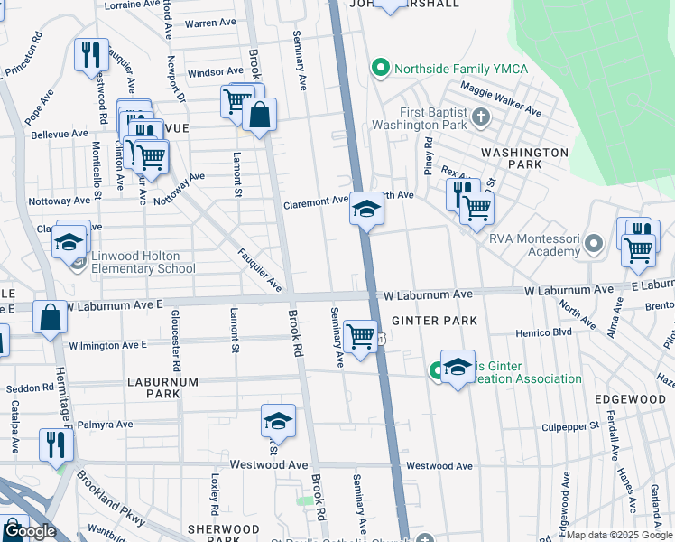 map of restaurants, bars, coffee shops, grocery stores, and more near 3805 Seminary Avenue in Richmond