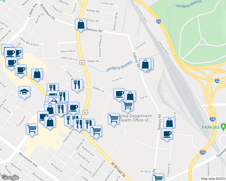 map of restaurants, bars, coffee shops, grocery stores, and more near 2100 Maywill Street in Richmond