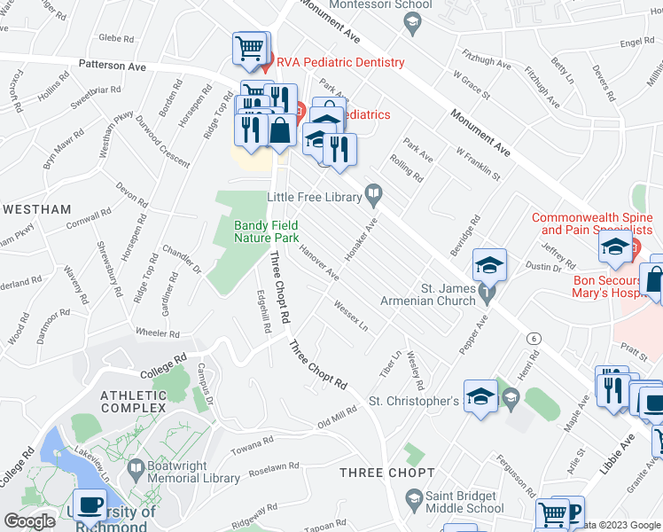 map of restaurants, bars, coffee shops, grocery stores, and more near 6704 Hanover Avenue in Richmond