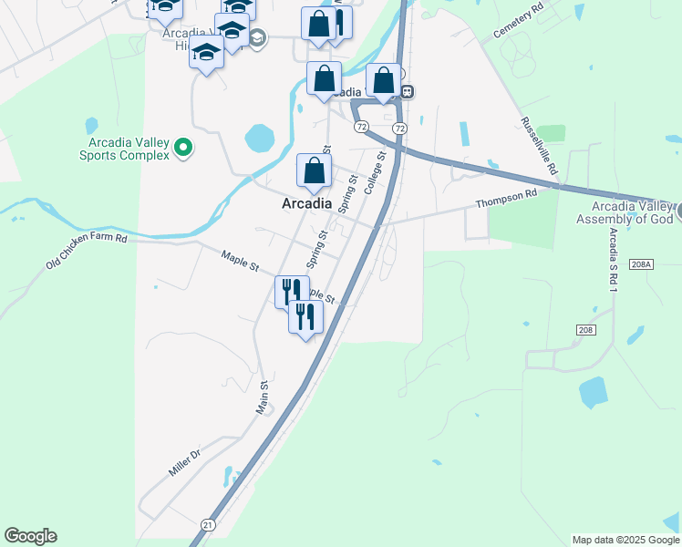 map of restaurants, bars, coffee shops, grocery stores, and more near 108 College Street in Arcadia