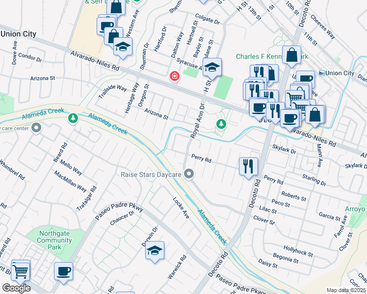 map of restaurants, bars, coffee shops, grocery stores, and more near 2455 Royal Ann Drive in Union City