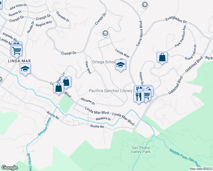 map of restaurants, bars, coffee shops, grocery stores, and more near 1153 Manzanita Drive in Pacifica